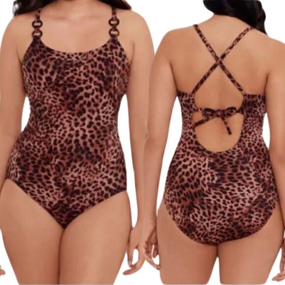 NWTs Time and Tru Leopard Double Ring Strap One Piece Swimsuit Size Large - Picture 1 of 7